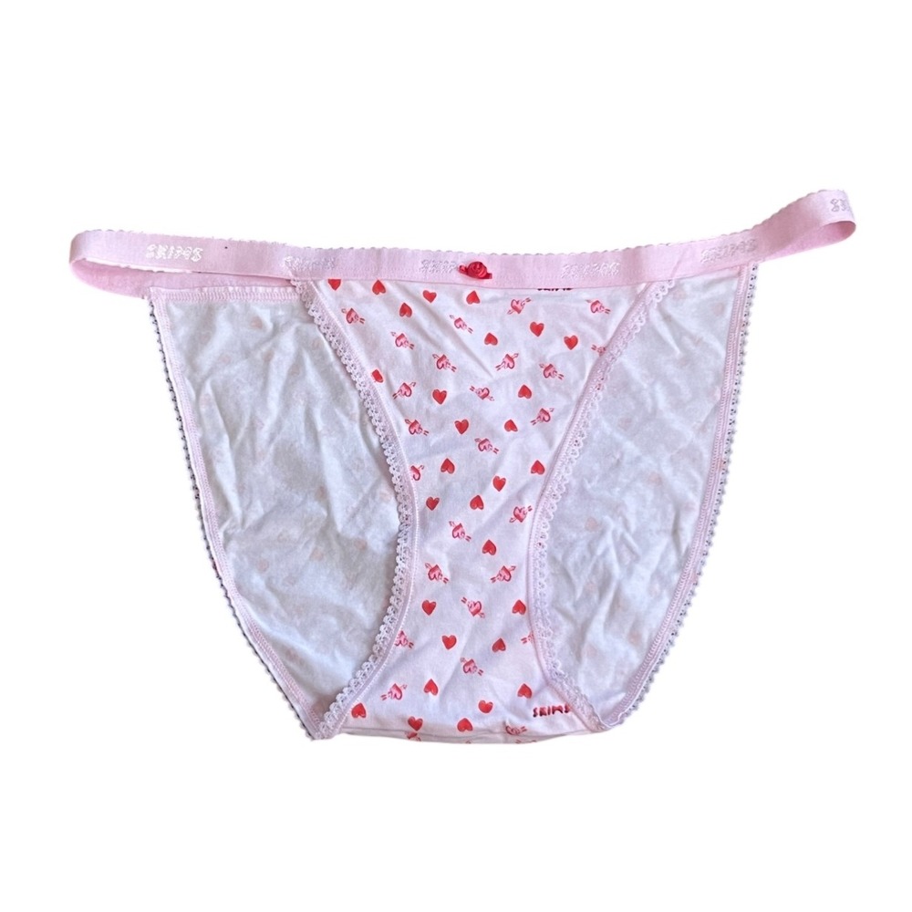 New SKIMS COTTON PICOT LOGO STRING BIKINI Valentines Pink Hearts Print Panties M